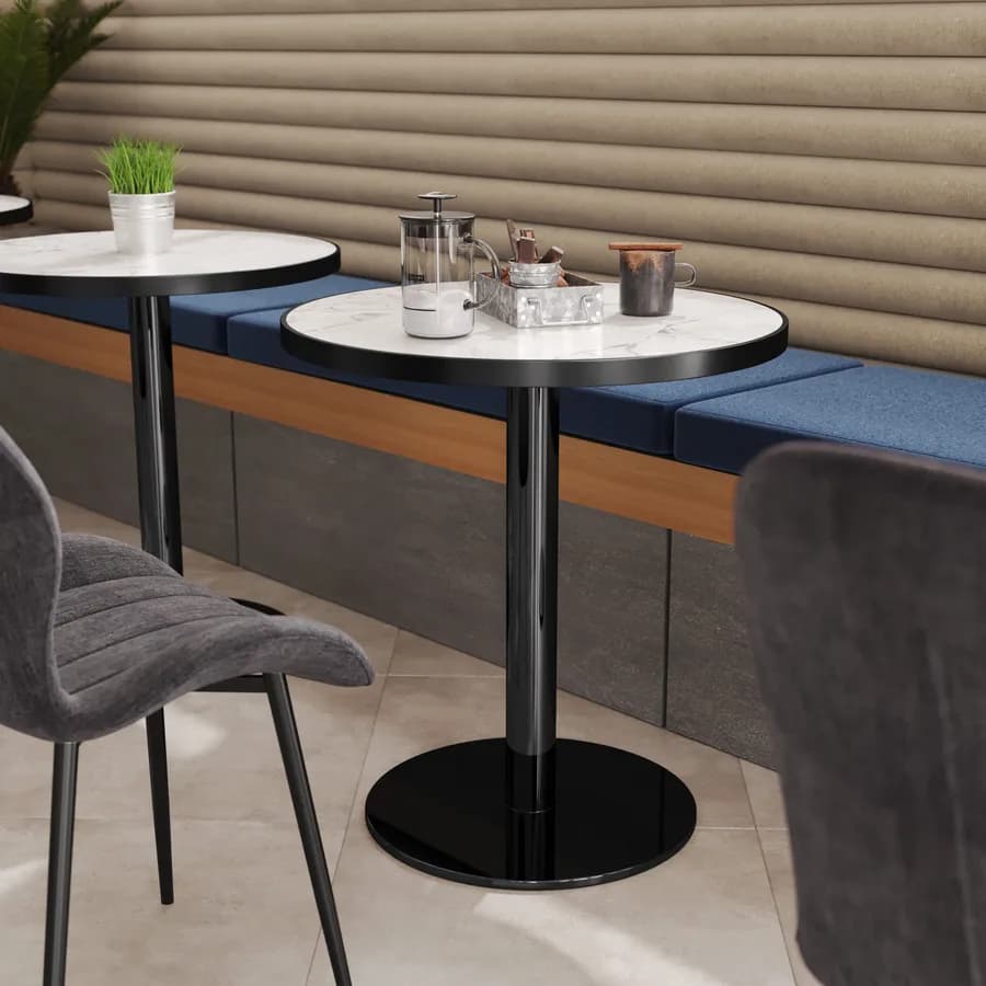 Tavolo rotondo 70 cm top in pietra siterizzata bianco effetto marmo e base nero in acciaio spazzolato - Caio Deluxe