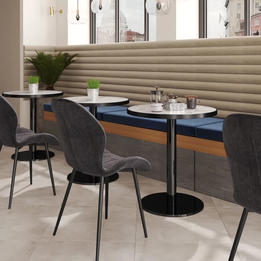 Tavolo rotondo 70 cm top in pietra siterizzata bianco effetto marmo e base nero in acciaio spazzolato - Caio Deluxe