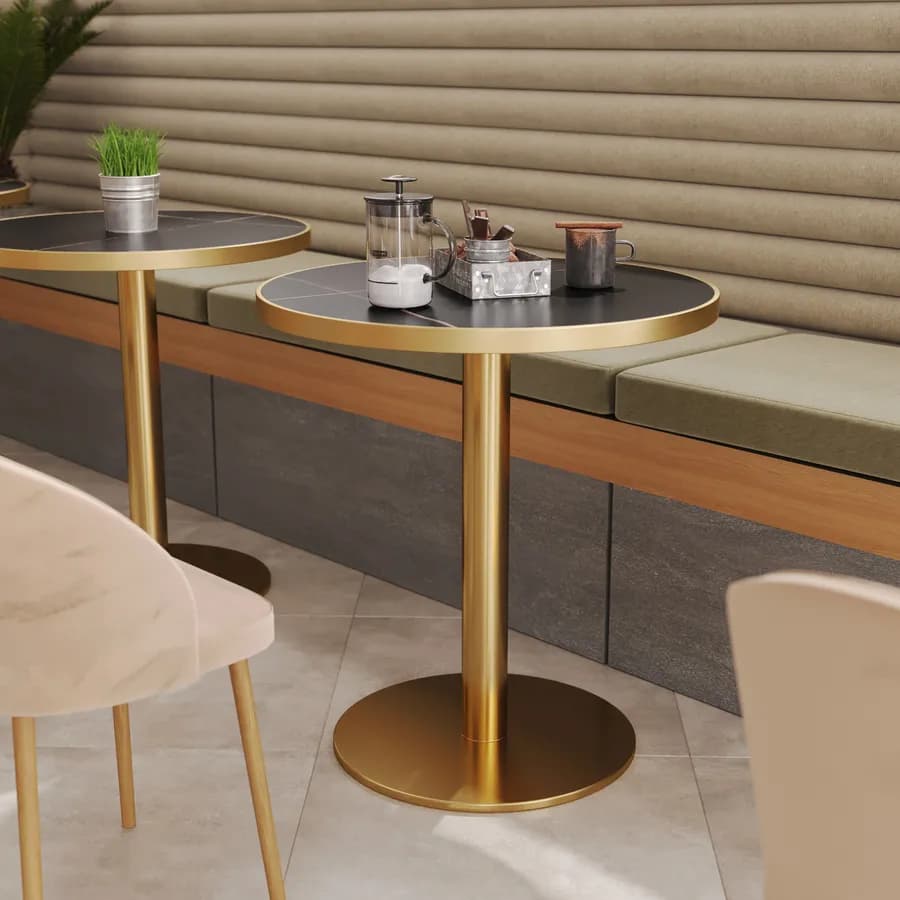 Tavolo rotondo 70 cm top in pietra siterizzata nero effetto marmo e base oro in acciaio spazzolato - Caio Deluxe