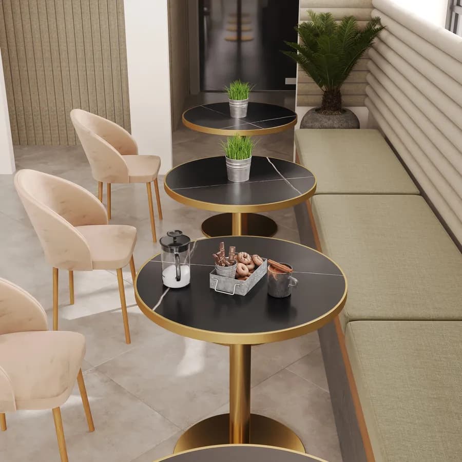 Tavolo rotondo 70 cm top in pietra siterizzata nero effetto marmo e base oro in acciaio spazzolato - Caio Deluxe