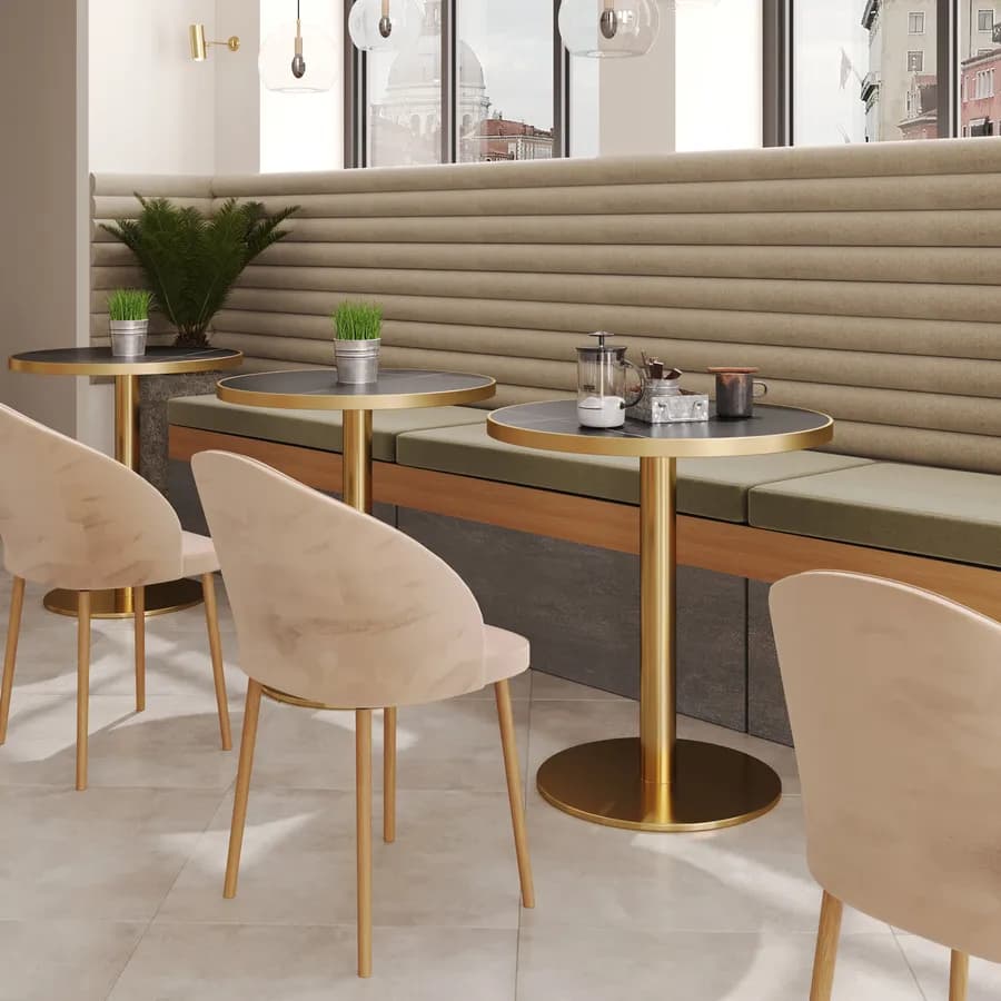 Tavolo rotondo 70 cm top in pietra siterizzata nero effetto marmo e base oro in acciaio spazzolato - Caio Deluxe