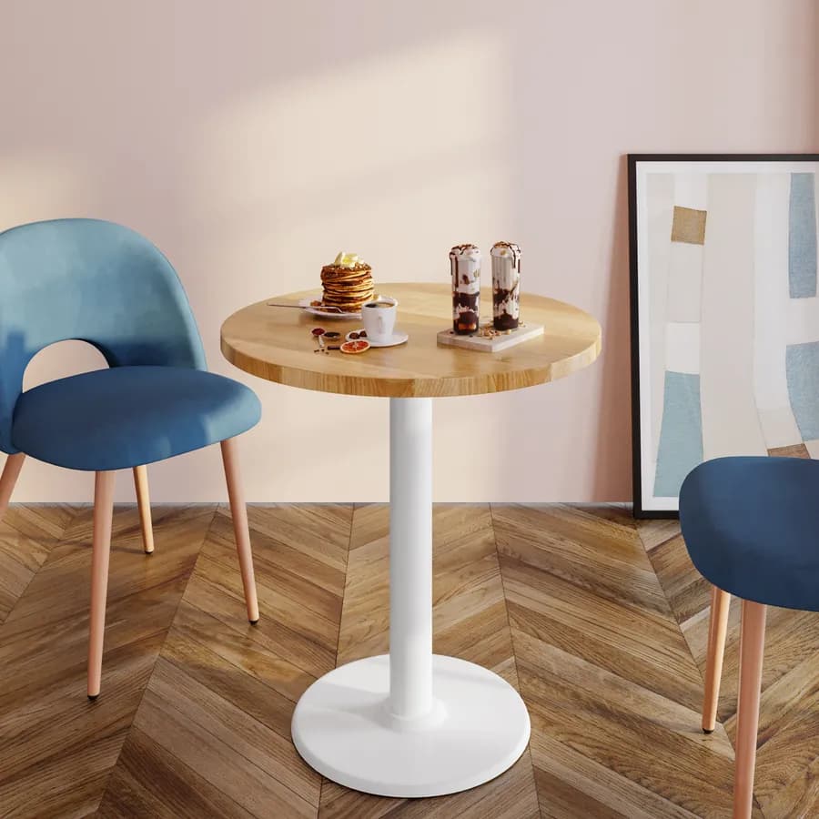 Tavolo rotondo 80 cm con top da 30 mm effetto rovere e base in metallo bianco - Caio