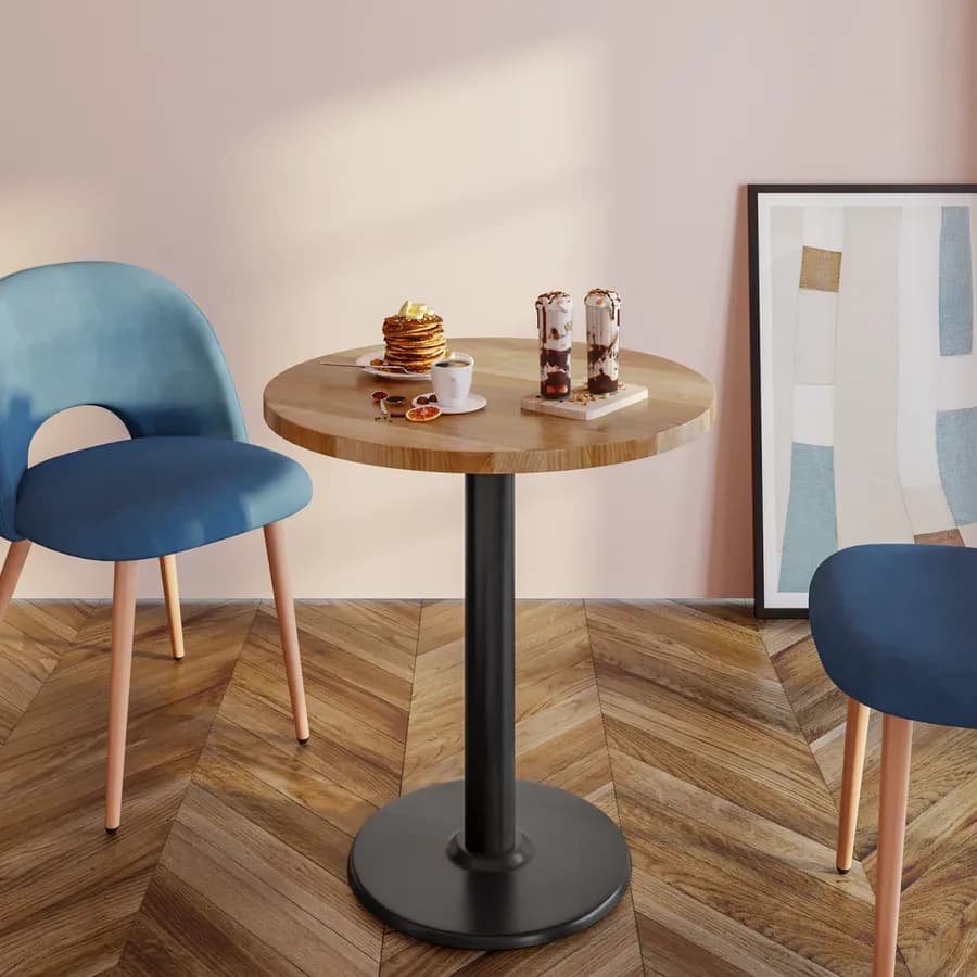 Tavolo rotondo 80 cm con top da 30 mm effetto rovere scuro e base in metallo nero - Caio
