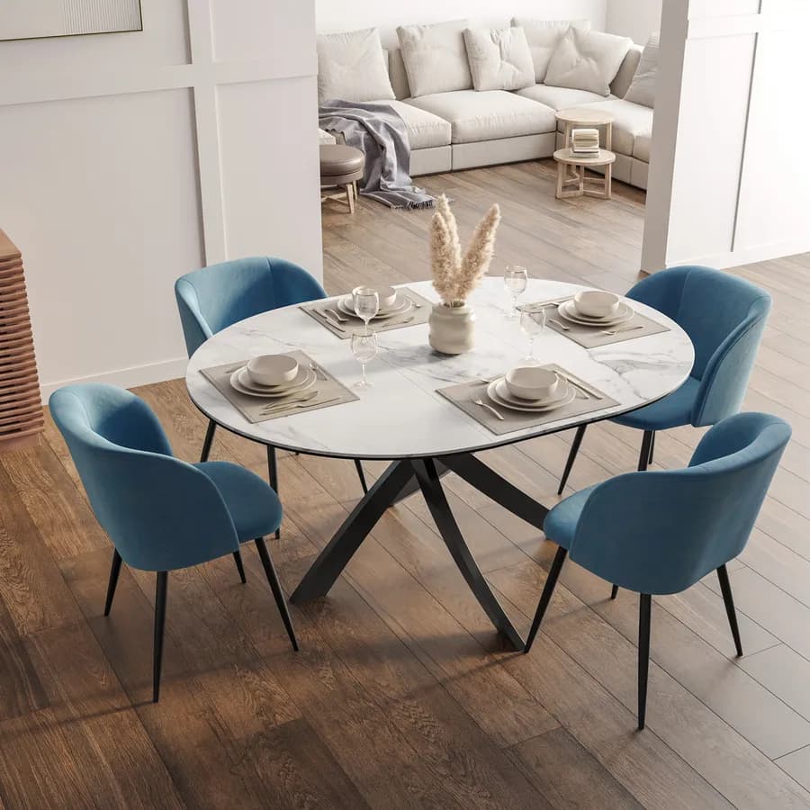 Tavolo rotondo allungabile 120-160 cm top in vetro effetto marmo bianco e gambe incrociate - Talamo