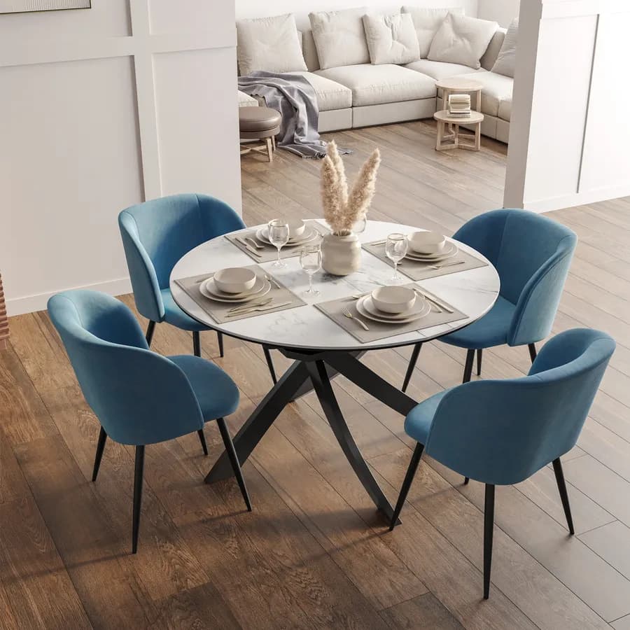 Tavolo rotondo allungabile 120-160 cm top in vetro effetto marmo bianco e gambe incrociate - Talamo