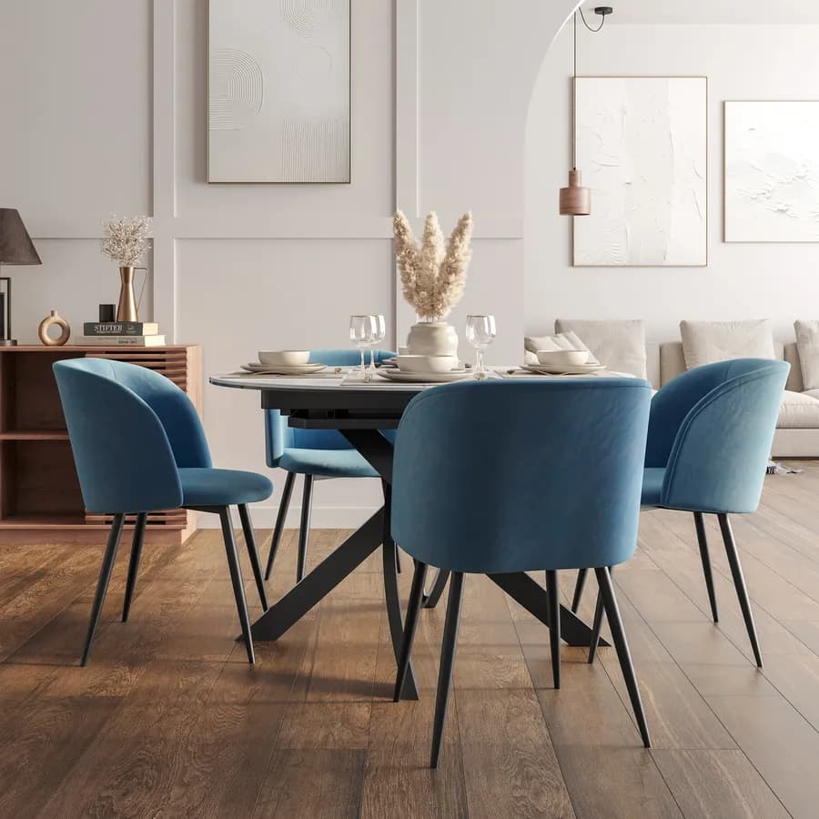 Tavolo rotondo allungabile 120-160 cm top in vetro effetto marmo bianco e gambe incrociate - Talamo