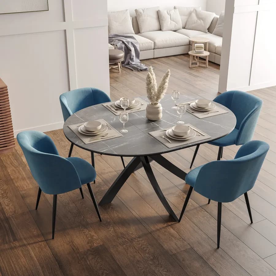 Tavolo rotondo allungabile 120-160 cm top in vetro effetto marmo grigio e gambe incrociate - Talamo