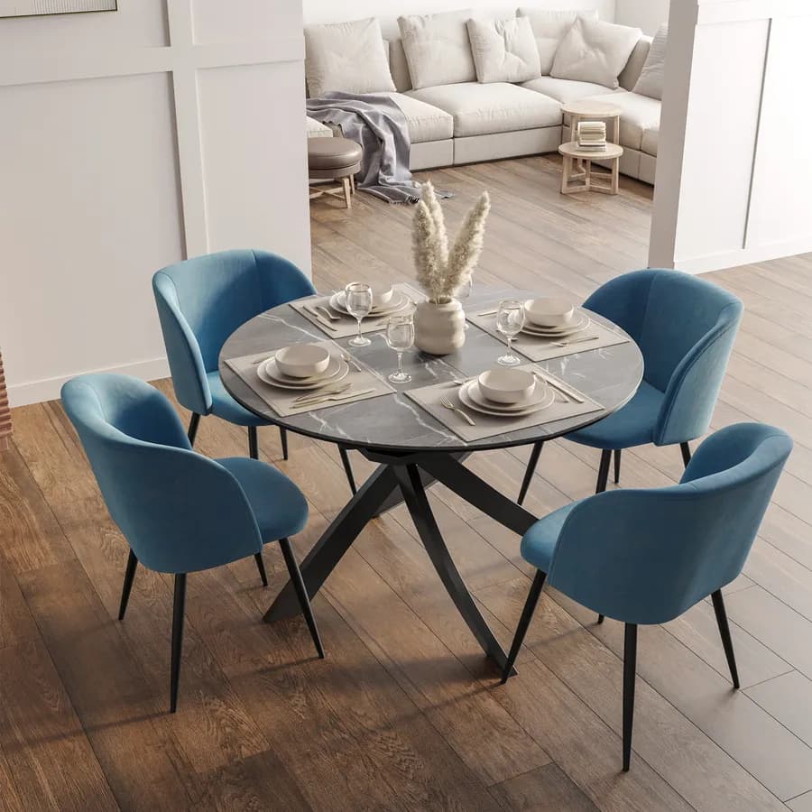 Tavolo rotondo allungabile 120-160 cm top in vetro effetto marmo grigio e gambe incrociate - Talamo