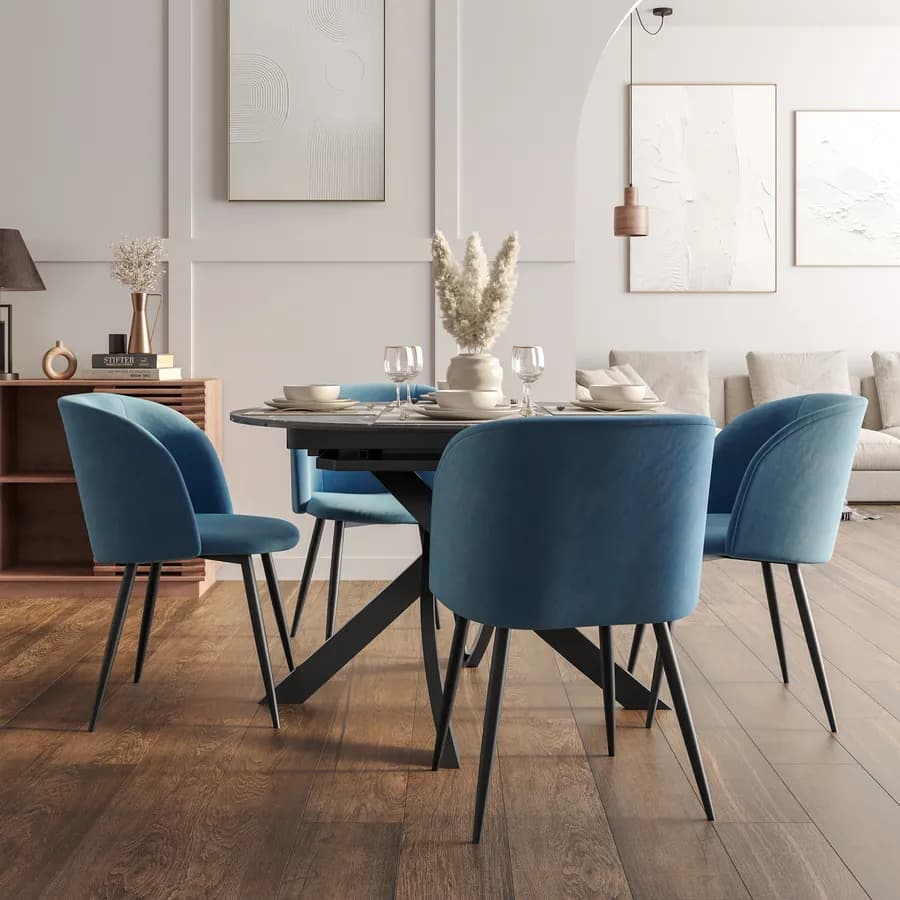 Tavolo rotondo allungabile 120-160 cm top in vetro effetto marmo grigio e gambe incrociate - Talamo