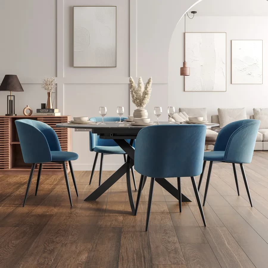 Tavolo rotondo allungabile 120-160 cm top in vetro effetto marmo grigio e gambe incrociate - Talamo