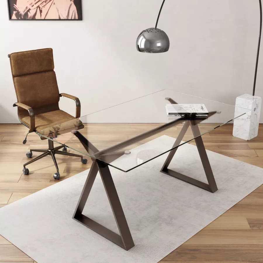 Scrivania 150x90 cm piano vetro temperato 10 mm e base in acciaio bronzo - Masao