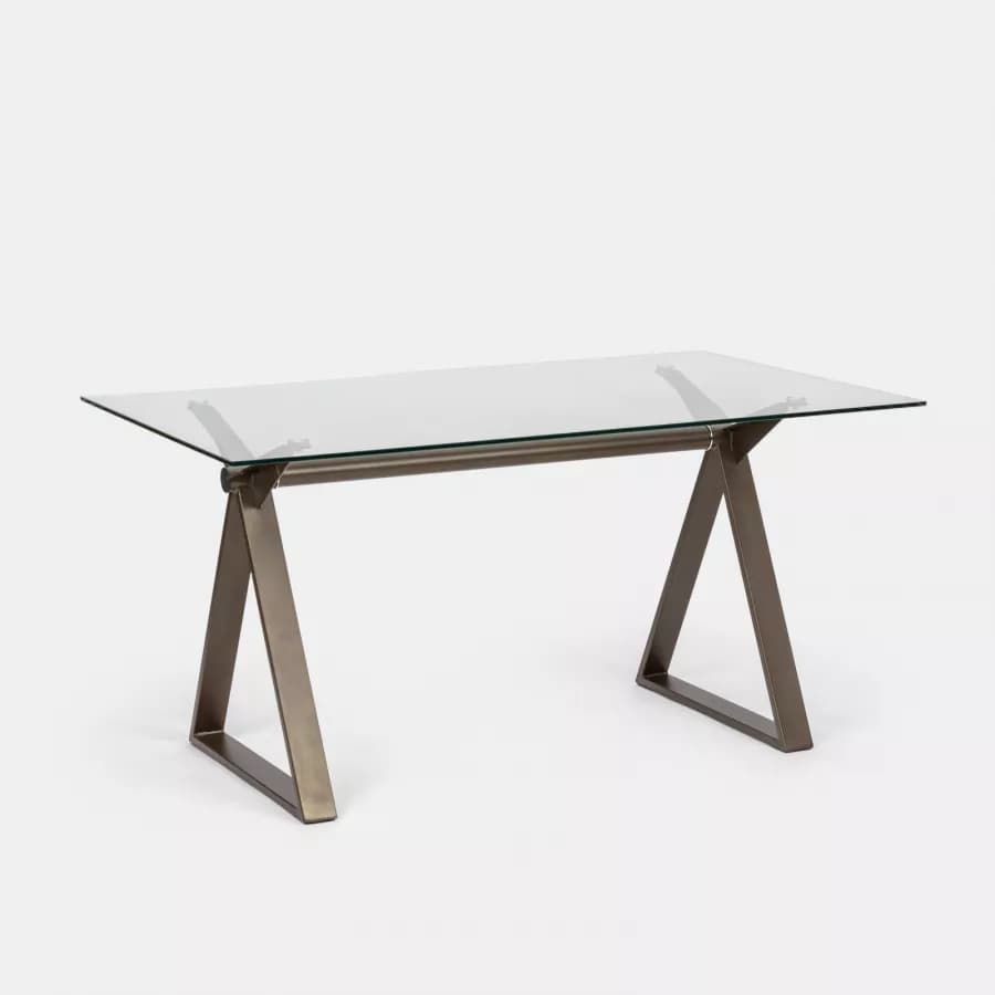 Scrivania 150x90 cm piano vetro temperato 10 mm e base in acciaio bronzo - Masao