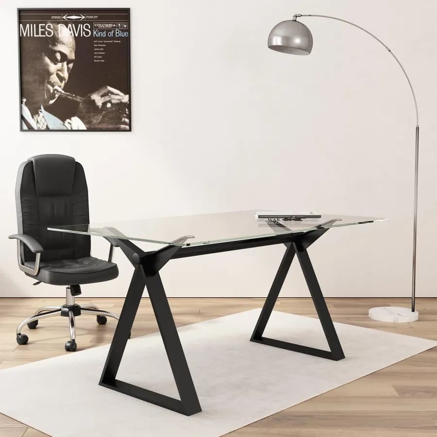 Scrivania 150x90 cm piano vetro temperato 10 mm e base in acciaio nero - Masao