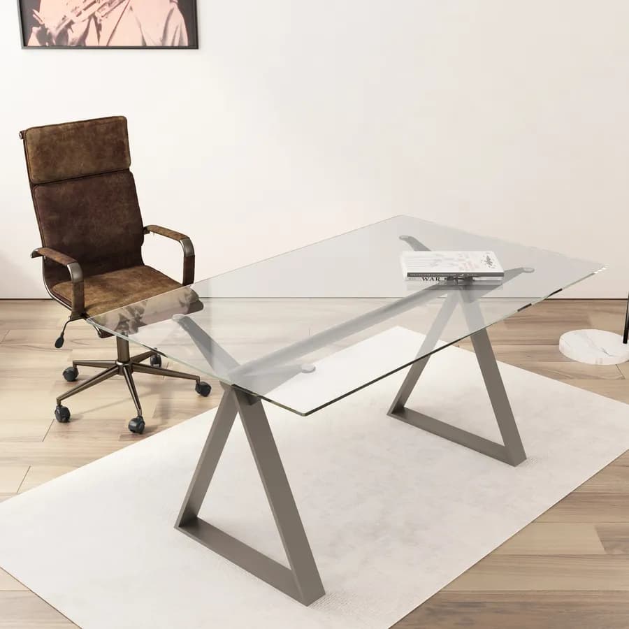 Scrivania 150x90 cm piano vetro temperato 10 mm e base in acciaio tortora - Masao