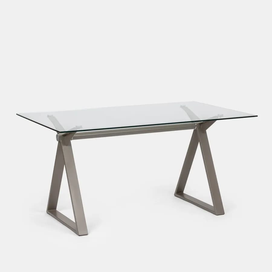Scrivania 150x90 cm piano vetro temperato 10 mm e base in acciaio tortora - Masao