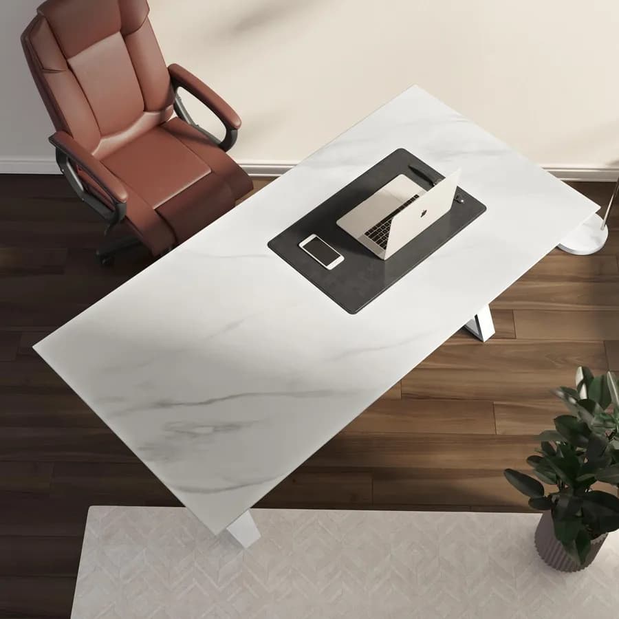 Scrivania 180x90 cm piano ceramica 12 mm e base in acciaio bianco - Masao XL