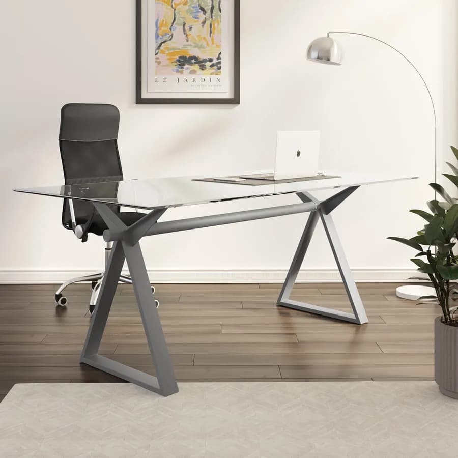 Scrivania 180x90 cm piano vetro temperato 10 mm e base in acciaio grigio - Masao XL