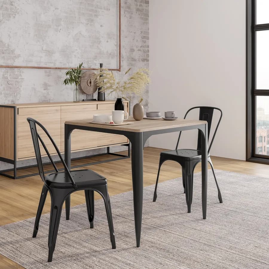 Tavolo stile industrial 80x80 cm top effetto rovere chiaro e struttura in metallo nero - Maxime
