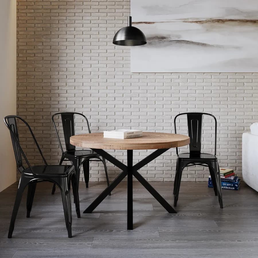 Tavolo rotondo 120 cm piano in legno di acacia 55 mm e gambe a croce in metallo nero - Freia Acacia