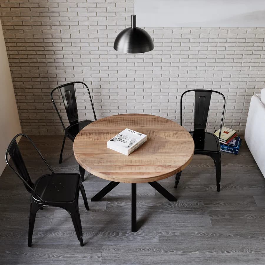 Tavolo rotondo 120 cm piano in legno di acacia 55 mm e gambe a croce in metallo nero - Freia Acacia