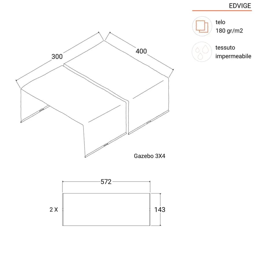Telo di ricambio 3x4 m grigio per gazebo con tetto scorrevole - Edvige