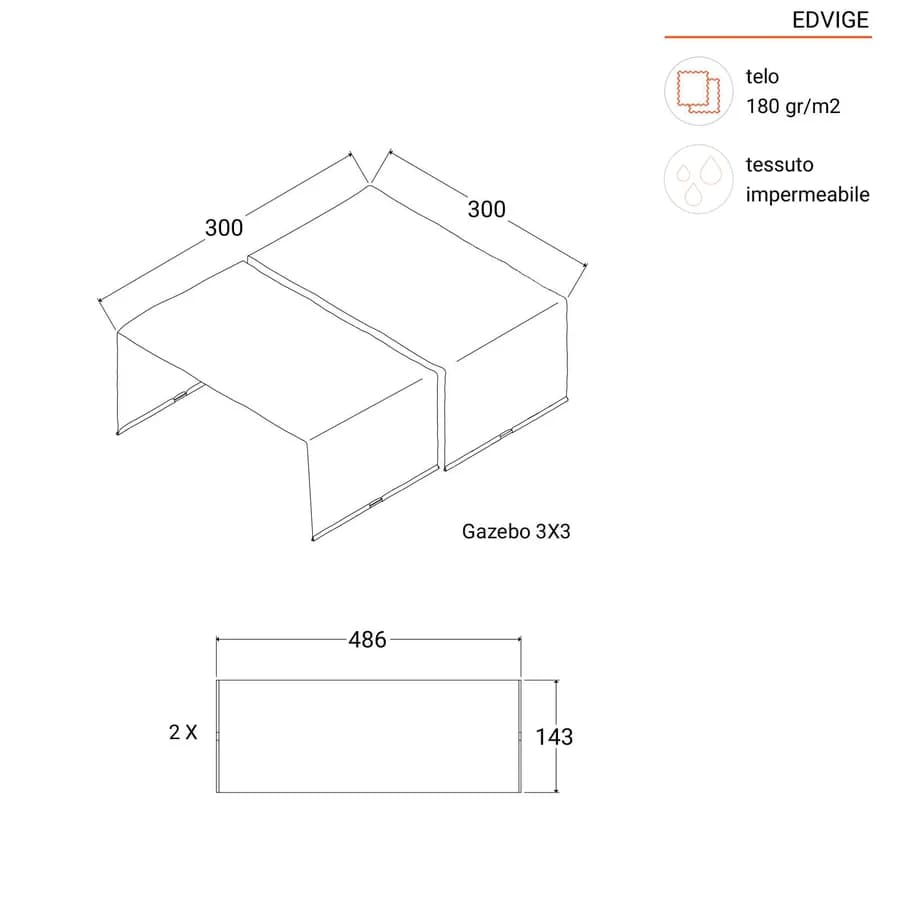 Telo di ricambio grigio 3x3 m per gazebo con tetto scorrevole - Edvige