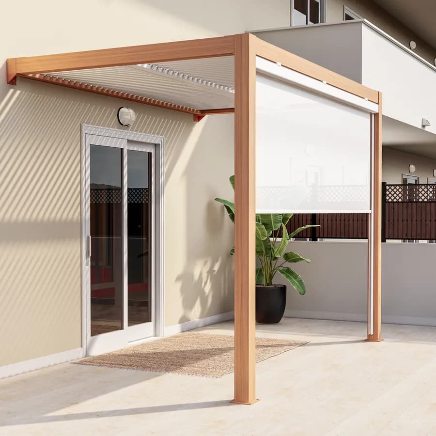 Tenda a caduta bianca lato da 3 m per pergola e gazebo bioclimatico effetto legno - Enea Wood