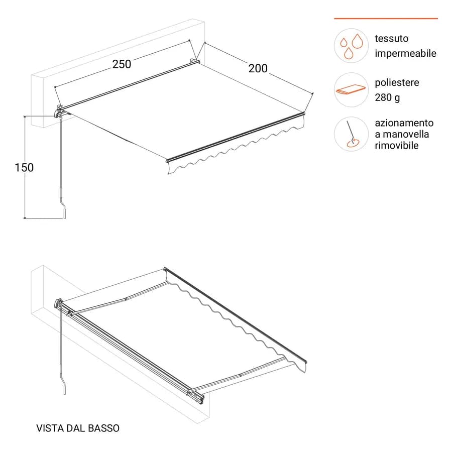 Tenda da sole retrattile deluxe 250 cm estensione 200 cm bordeaux a righe