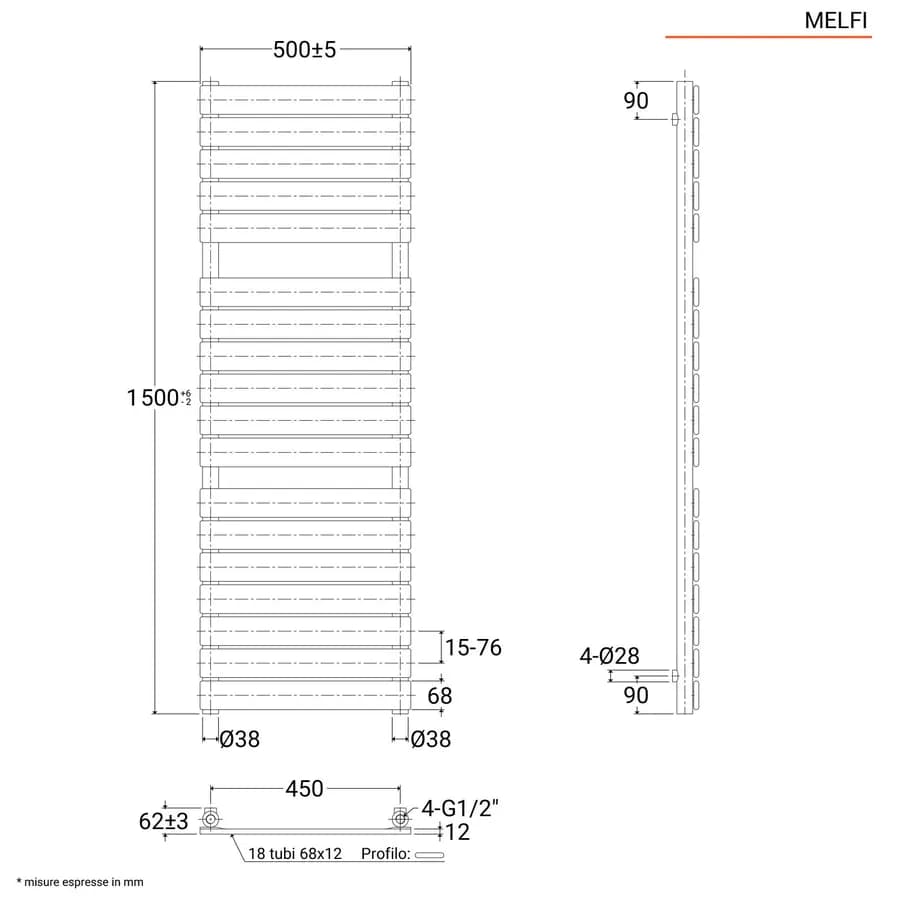 Termoarredo a tubo piatto 1500x500 mm antracite - Melfi