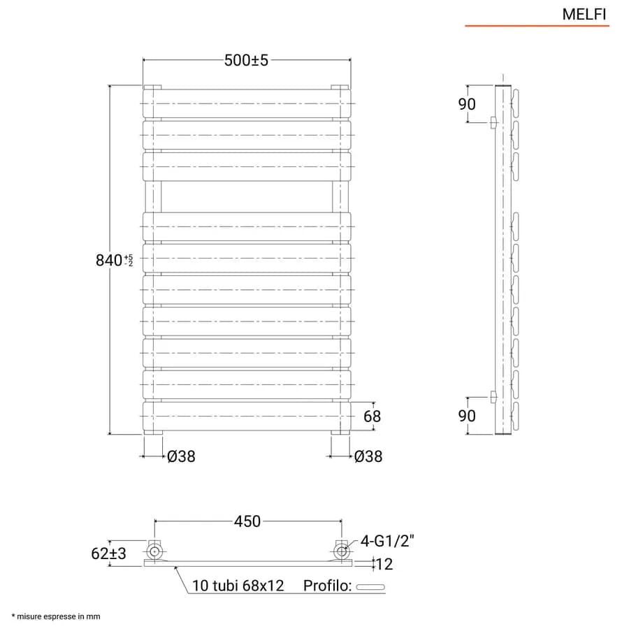 Termoarredo a tubo piatto 840x500 mm bianco - Melfi