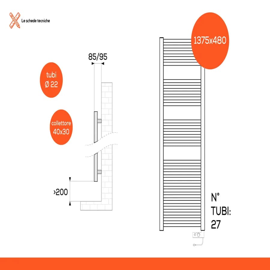 Termoarredo elettrico 1375x480 mm potenza 750W termostato antracite - E-Cortina di Lazzarini