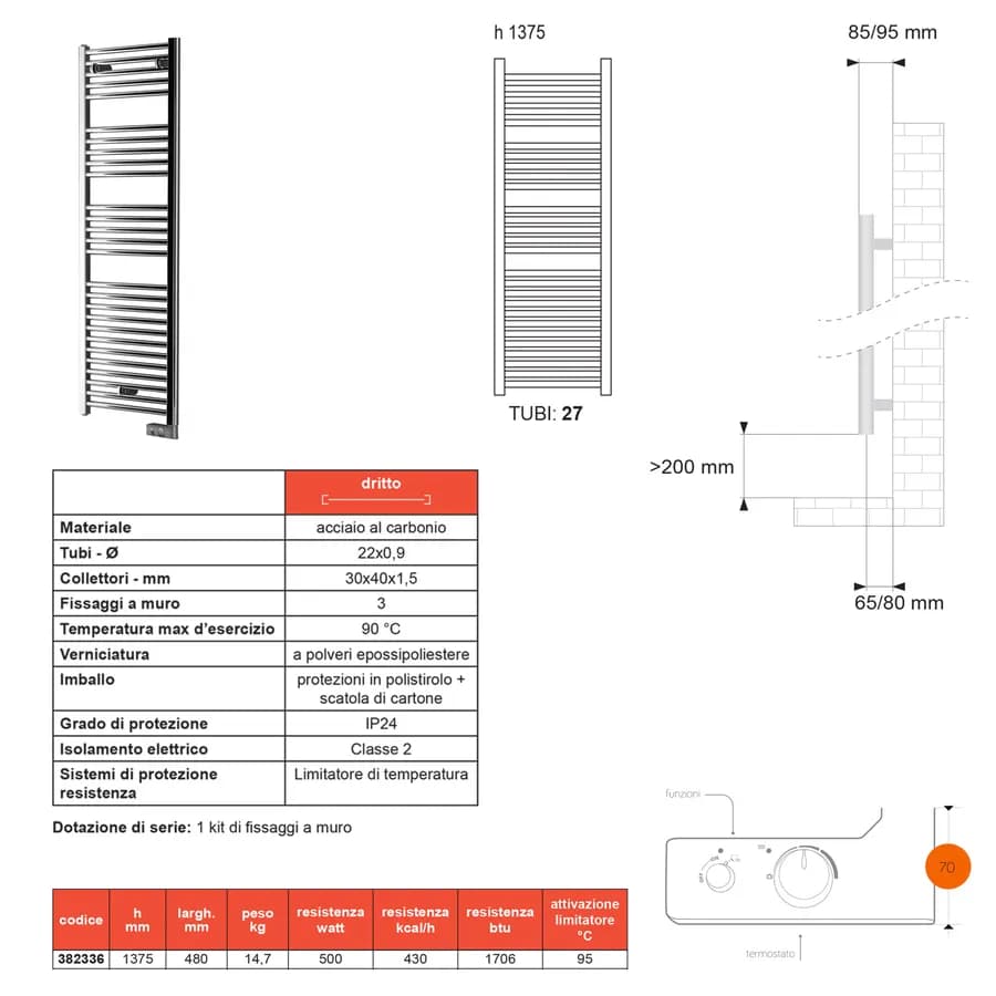 Termoarredo elettrico 1375x480 mm potenza 500W termostato cromo -E-Cortina di Lazzarini