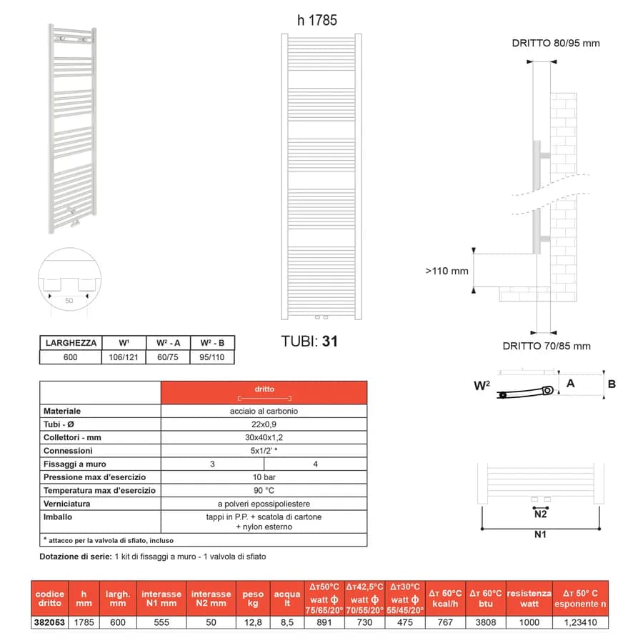 Termoarredo elettrico 1785x600 mm potenza 1000W bianco - Bolzano di Lazzarini