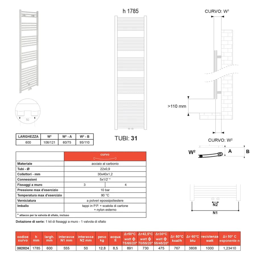Termoarredo 50 curvo 1785x600 mm bianco lucido attacco centrale- Bolzano di Lazzarini