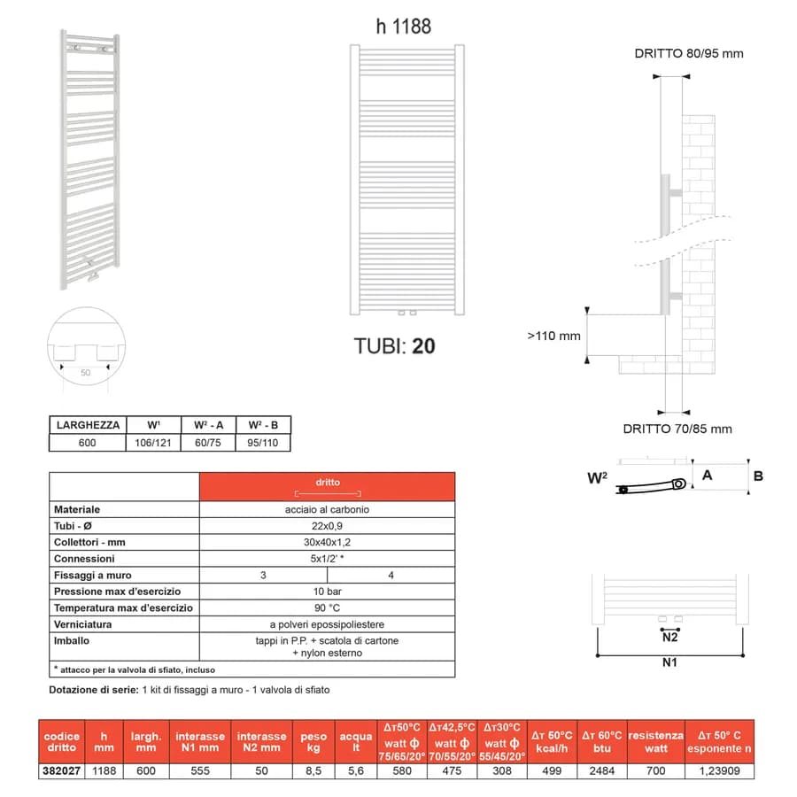 Termoarredo 1188x600 mm bianco dritto attacco centrale - Bolzano di Lazzarini