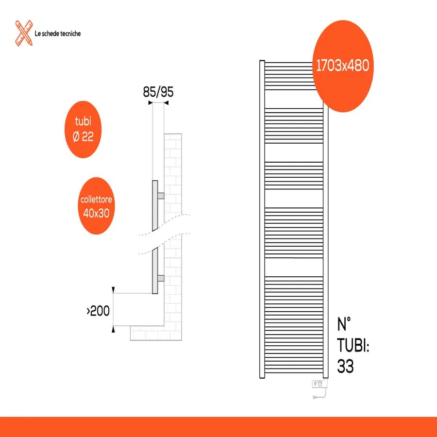 Termoarredo elettrico 1703X550 mm potenza 1000W termostato bianco - E-Cortina di Lazzarini