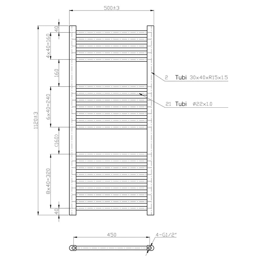 Termoarredo scaldasalviette 1120x500 cromato interasse 450 mm - Alpina
