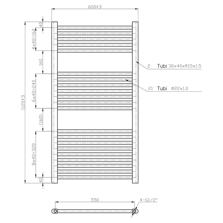 Termoarredo scaldasalviette 1120x600 cromato interasse 550 mm - Alpina