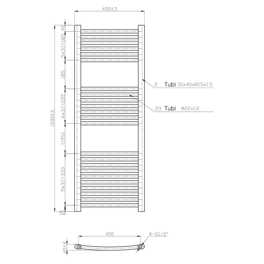 Termoarredo scaldasalviette 1200x450 cromato curvo interasse 400 mm - Alpina