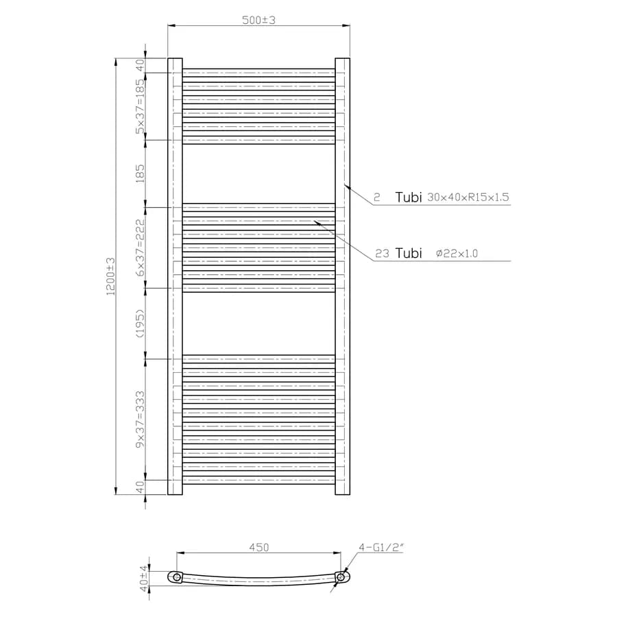 Termoarredo scaldasalviette 1200x500 cromo curvo interasse 450 mm - Alpina