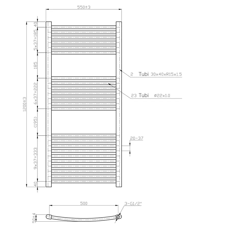 Termoarredo scaldasalviette 1200x550 bianco curvo interasse 500 mm - Alpina