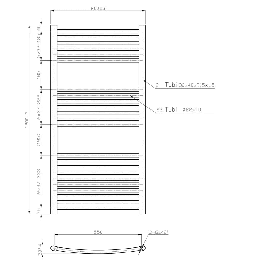 Termoarredo scaldasalviette 1200x600 bianco curvo interasse 550 mm - Alpina