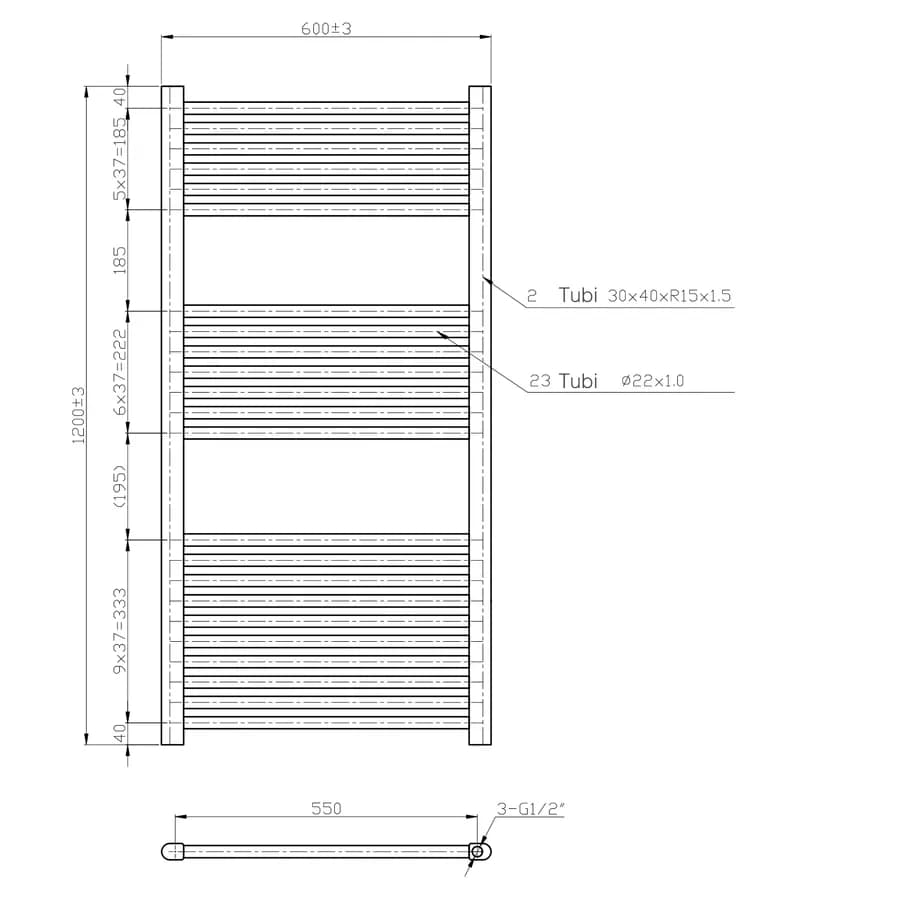 Termoarredo scaldasalviette 1200x600 bianco interasse 550 mm - Alpina
