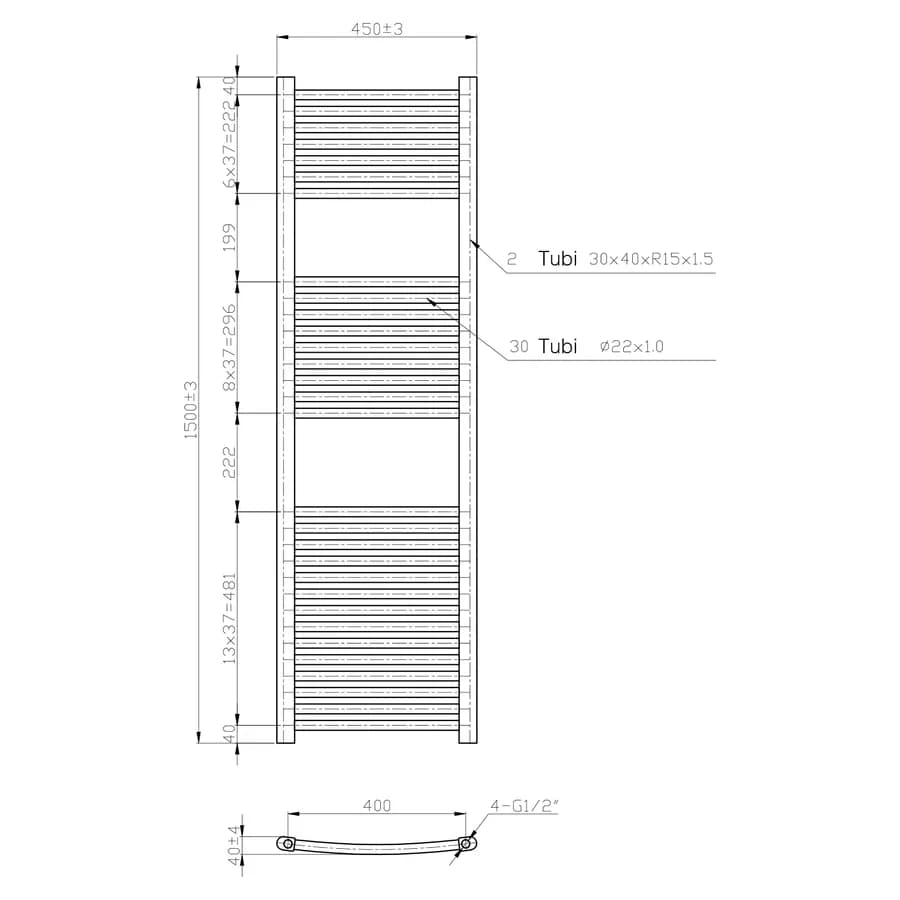 Termoarredo scaldasalviette 1500x450 cromo curvo interasse 400 mm - Alpina
