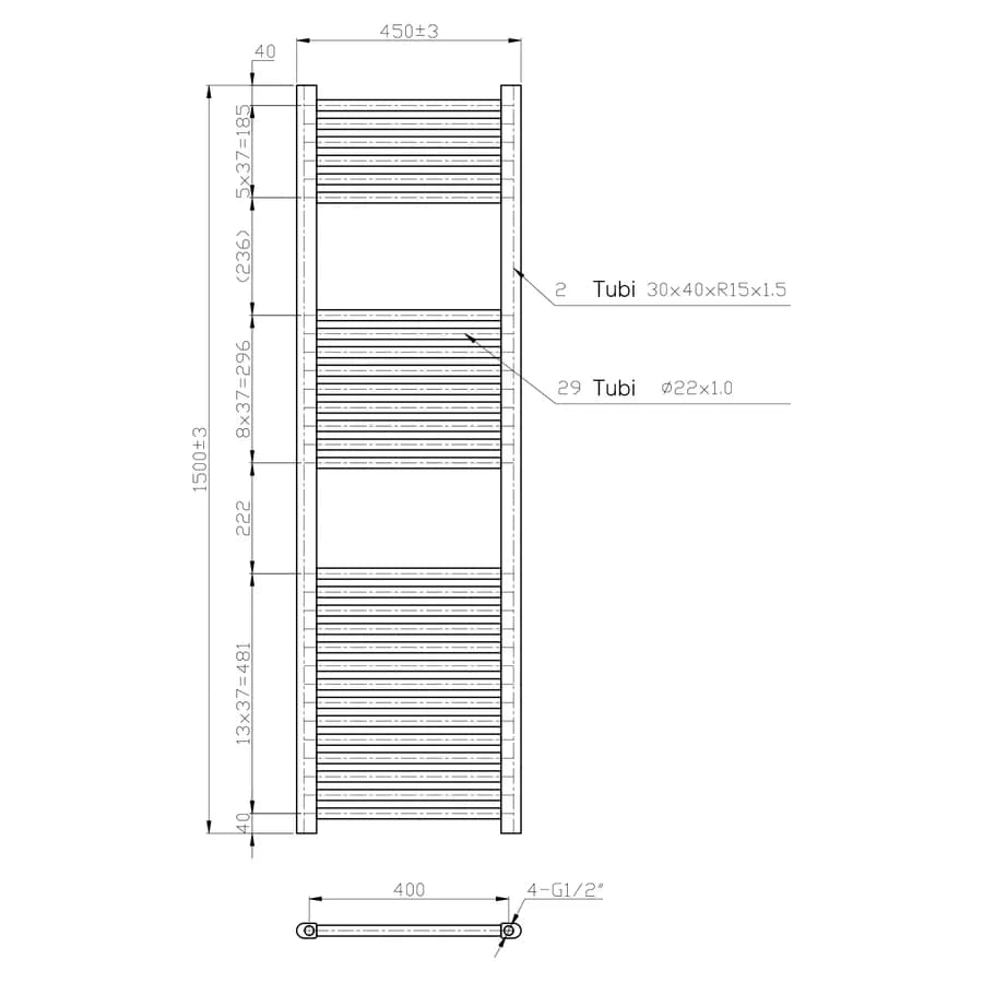 Termoarredo scaldasalviette 1500x450 cromo interasse 400 mm - Alpina