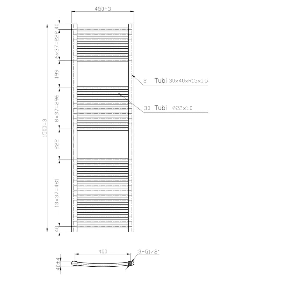 Termoarredo scaldasalviette 1500x450 bianco curvo interasse 400 mm - Alpina