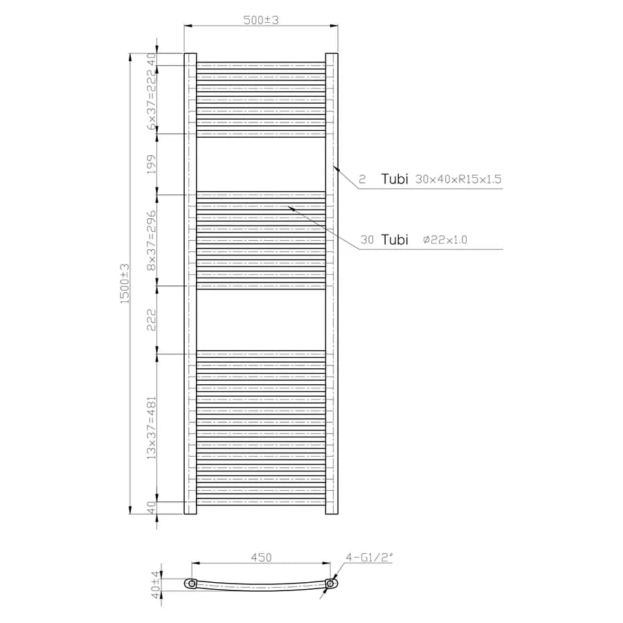 Termoarredo scaldasalviette 1500x500 cromo curvo interasse 450 mm - Alpina