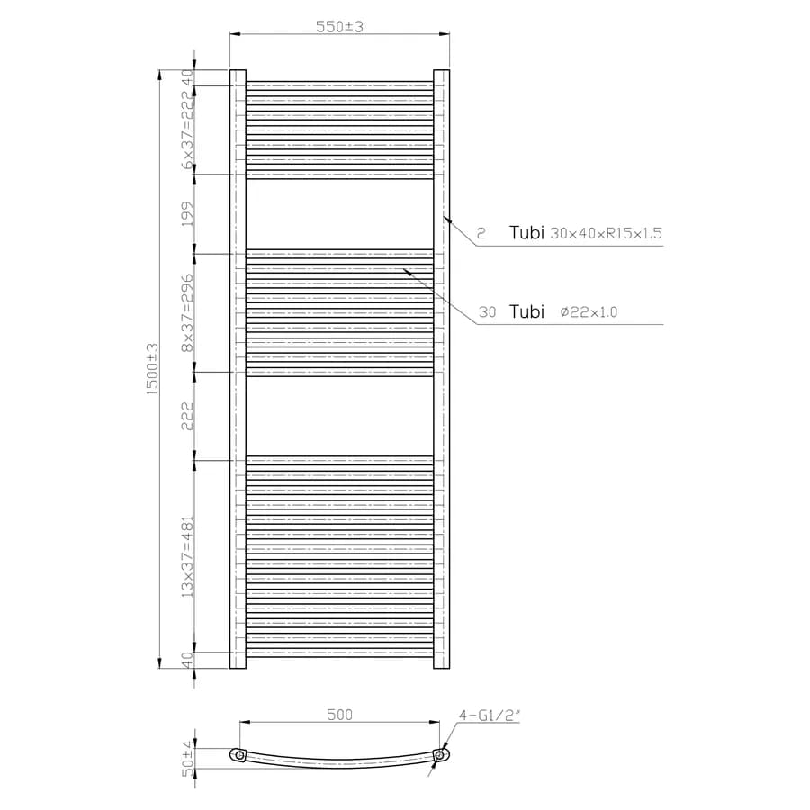 Termoarredo scaldasalviette 1500x550 cromo interasse 500 mm - Alpina
