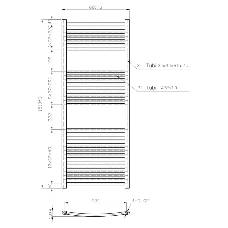 Termoarredo scaldasalviette 1500x600 cromato curvo interasse 550 mm - Alpina