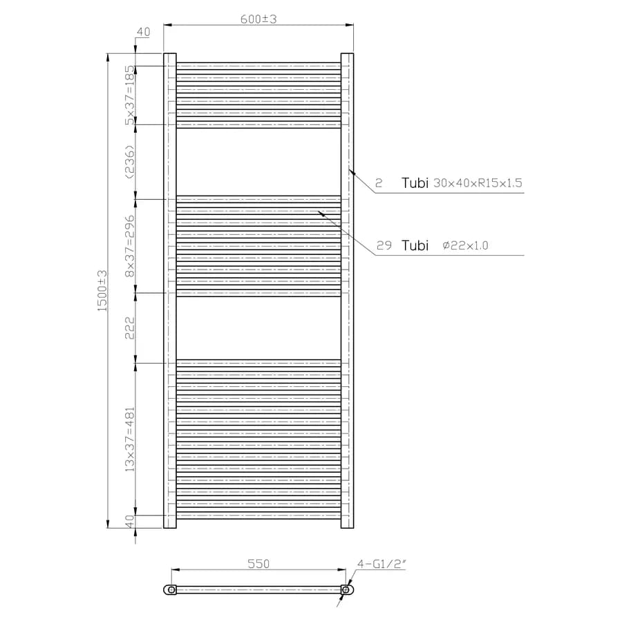 Termoarredo scaldasalviette 1500x600 cromo interasse 550 mm - Alpina
